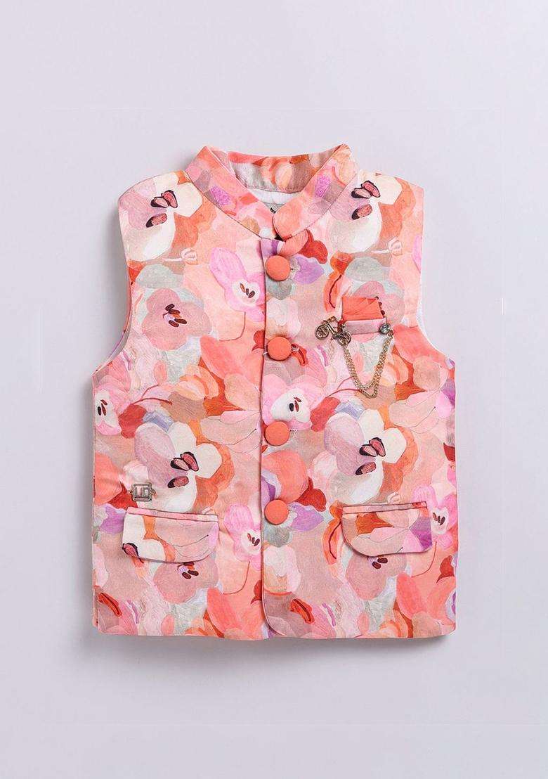 Peach Yoke Design Silk Kurta Set For Boys - Indya