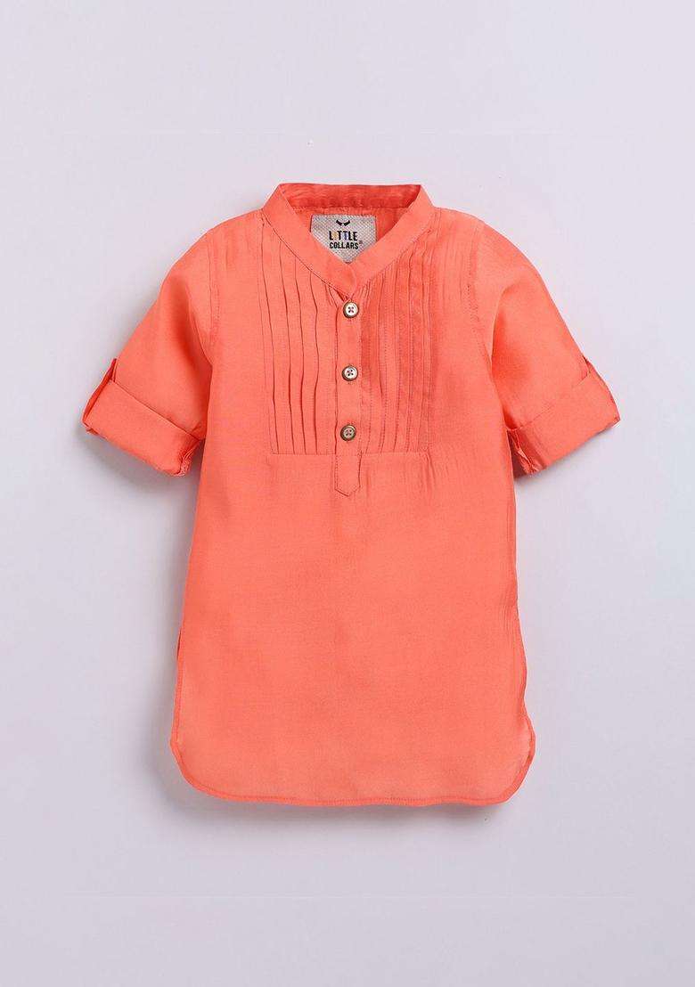 Peach Yoke Design Silk Kurta Set For Boys - Indya
