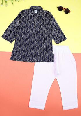 Navy Blue Embroidered Polyester Kurta Set For Boys