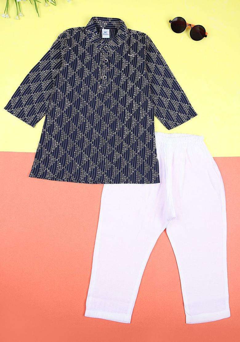 Navy Blue Embroidered Polyester Kurta Set For Boys - Indya