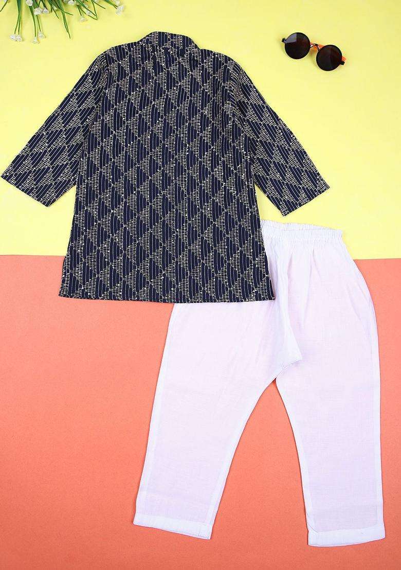 Navy Blue Embroidered Polyester Kurta Set For Boys - Indya
