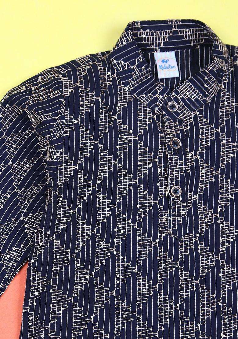 Navy Blue Embroidered Polyester Kurta Set For Boys - Indya