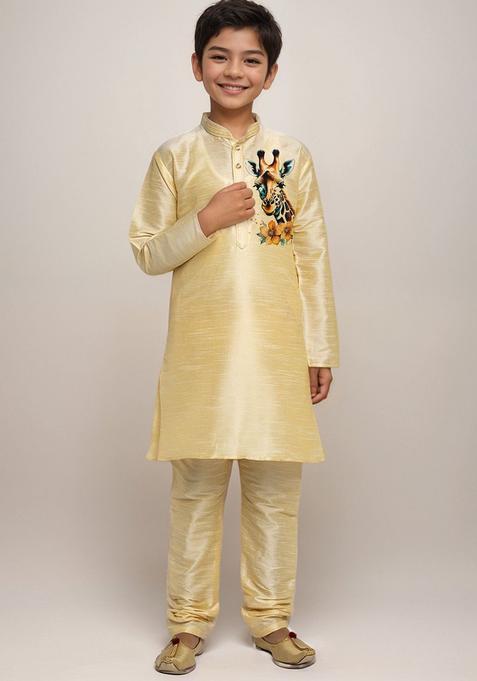 Beige Solid Silk Kurta Set For Boys — view on Indya
