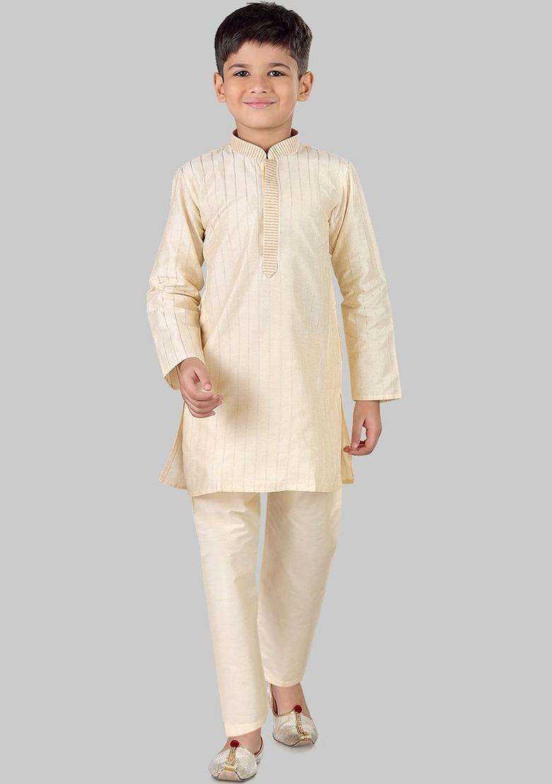 Gold Striped Cotton Kurta Set For Boys - Indya