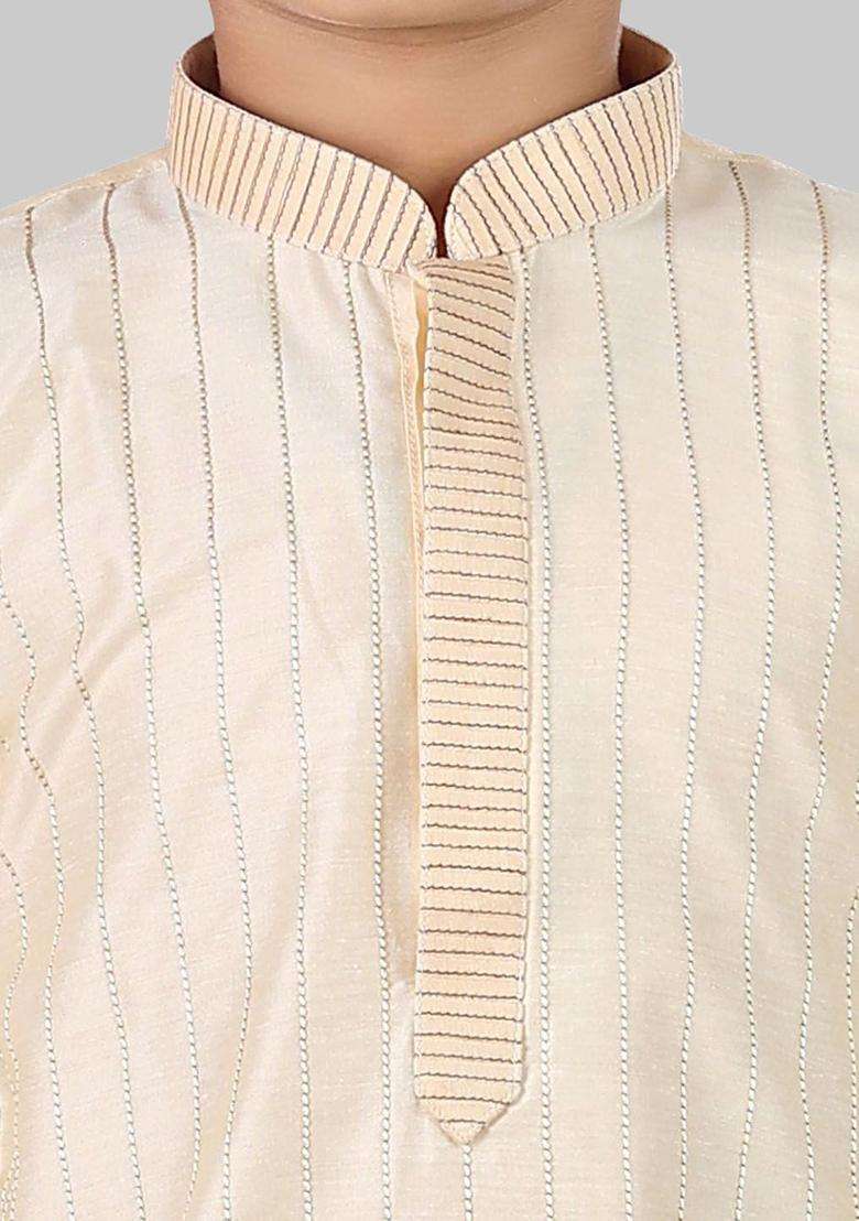 Gold Striped Cotton Kurta Set For Boys - Indya