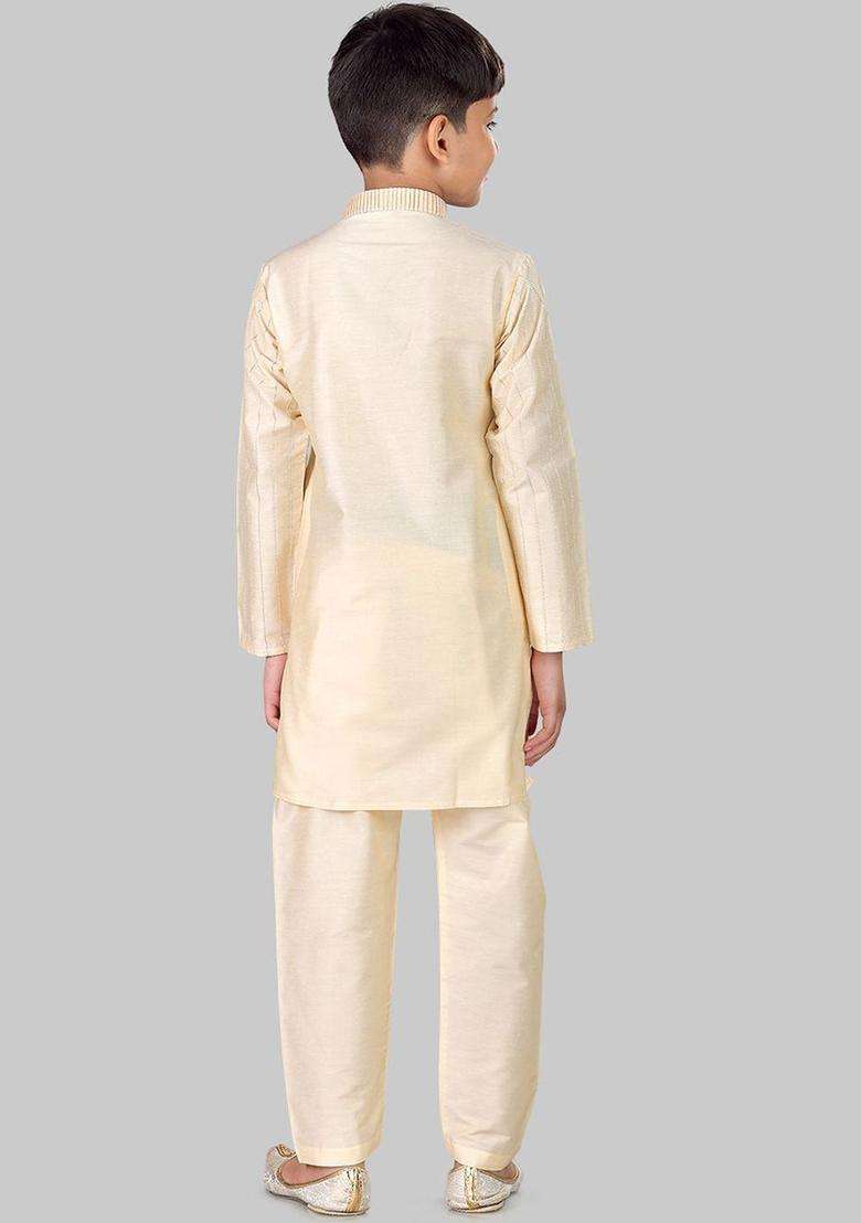Gold Striped Cotton Kurta Set For Boys - Indya