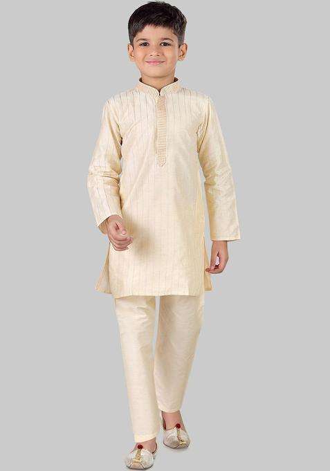 Gold Striped Cotton Kurta Set For Boys