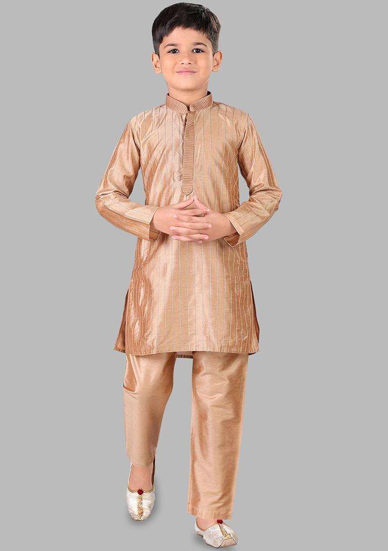 Gold Self Design Cotton Kurta Set For Boys - Indya