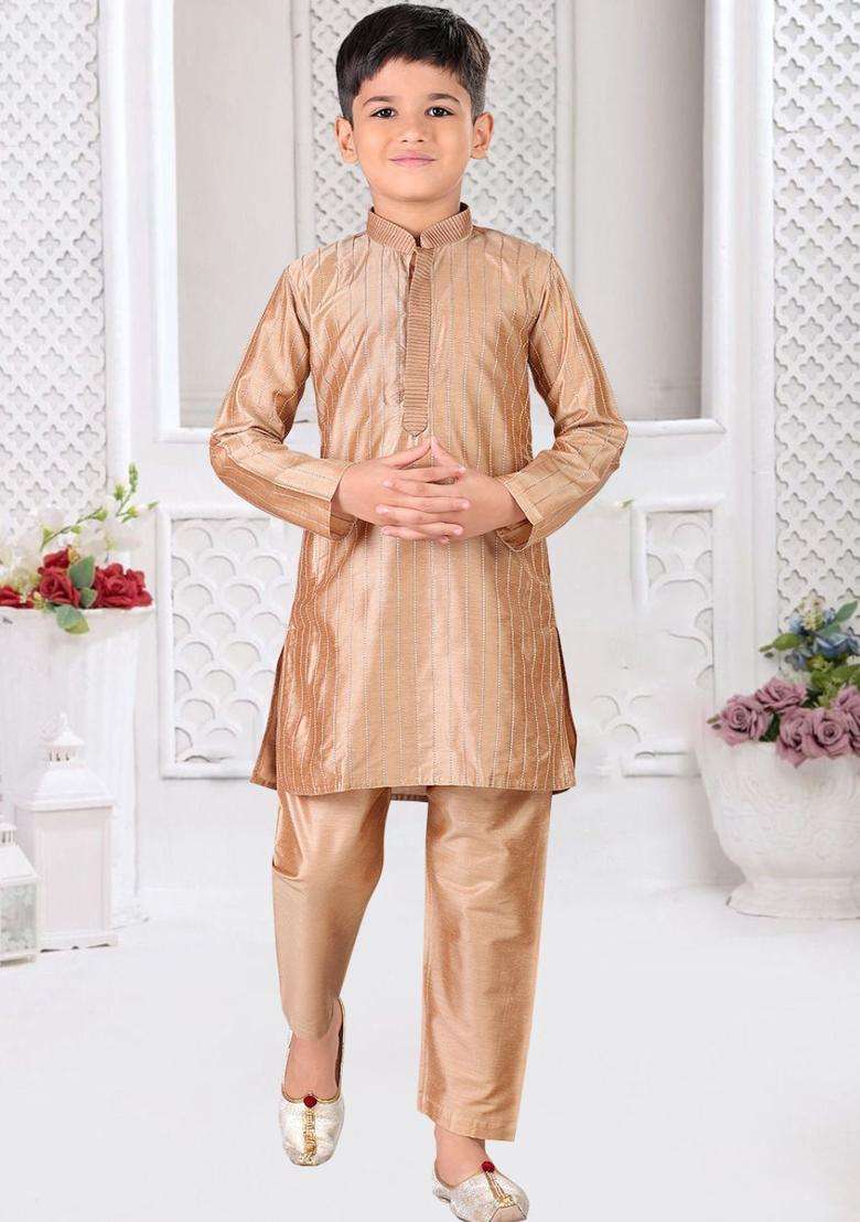Gold Self Design Cotton Kurta Set For Boys - Indya