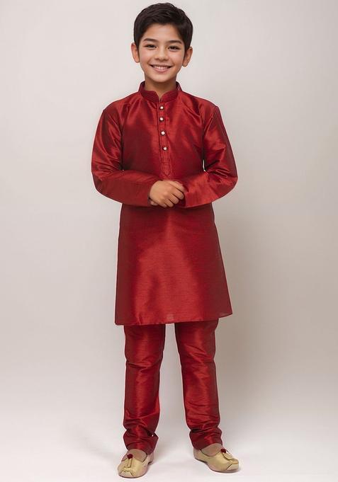 Maroon Solid Silk Kurta Set For Boys — view on Indya