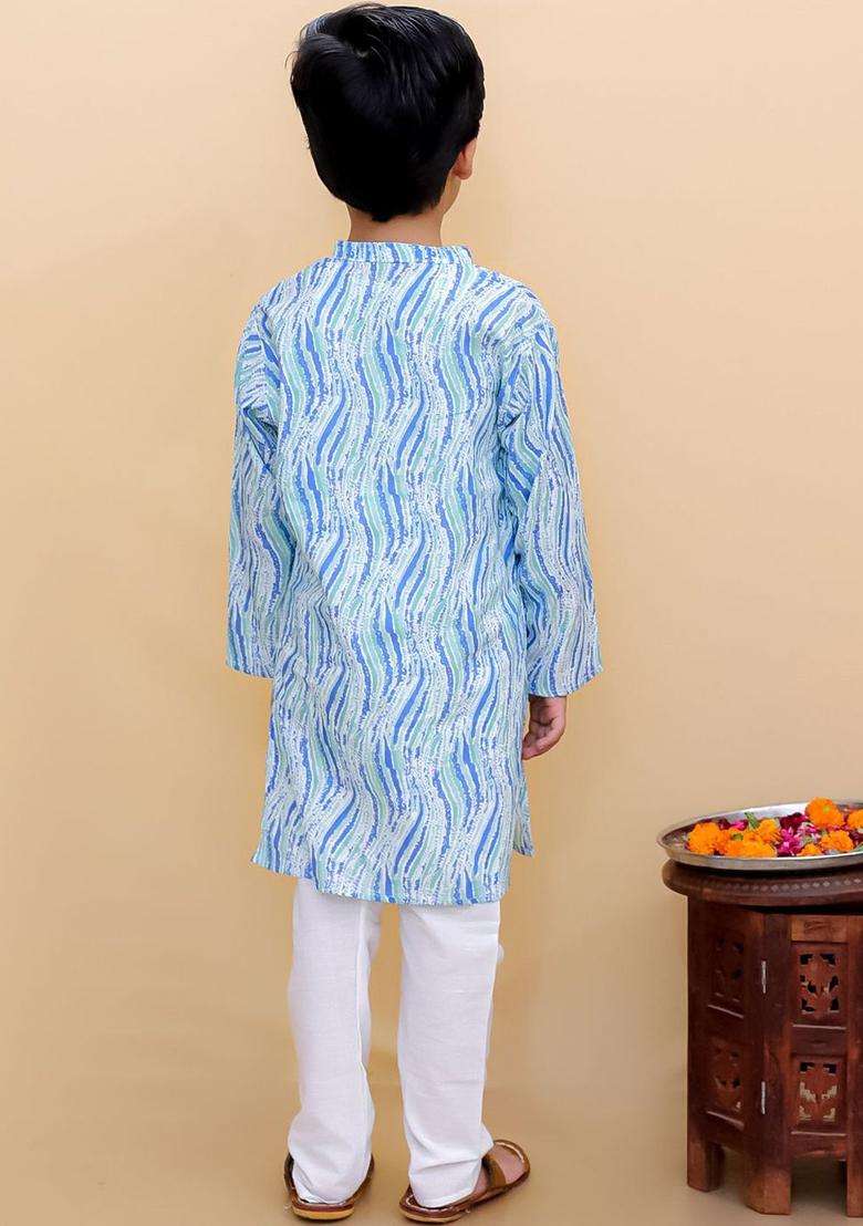 Sea Green Printed Cotton Kurta Set For Boys - Indya