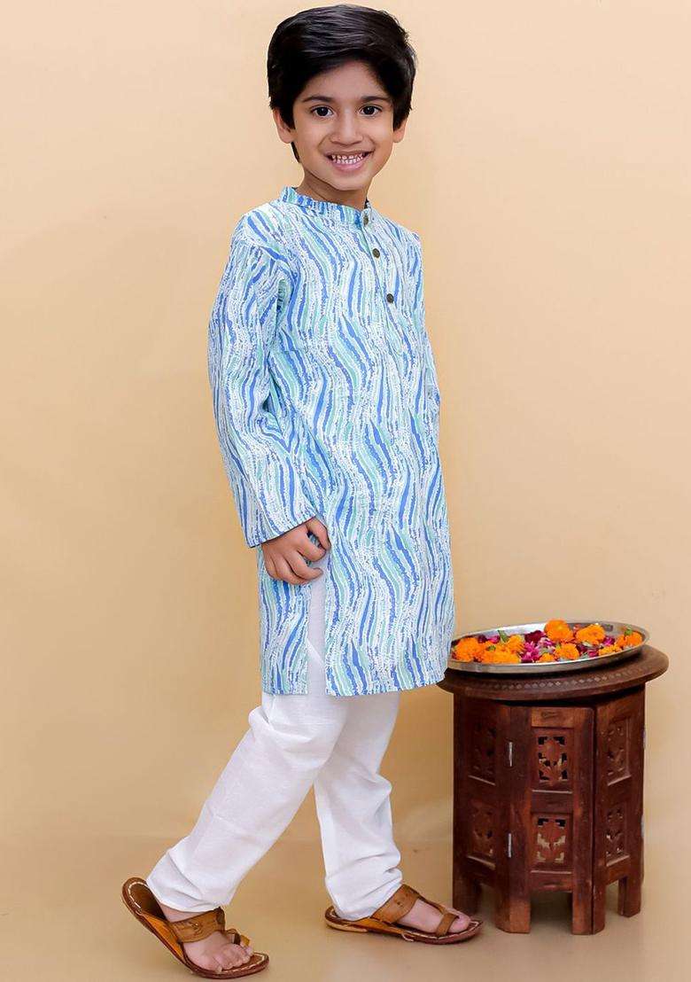 Sea Green Printed Cotton Kurta Set For Boys - Indya