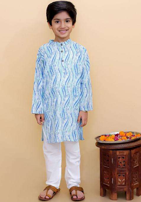Sea Green Printed Cotton Kurta Set For Boys