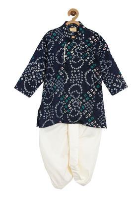 Navy Blue Printed Cotton Kurta Set For Boys