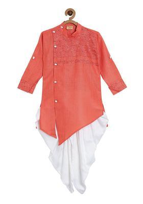 Peach Self Design Cotton Kurta Set For Boys