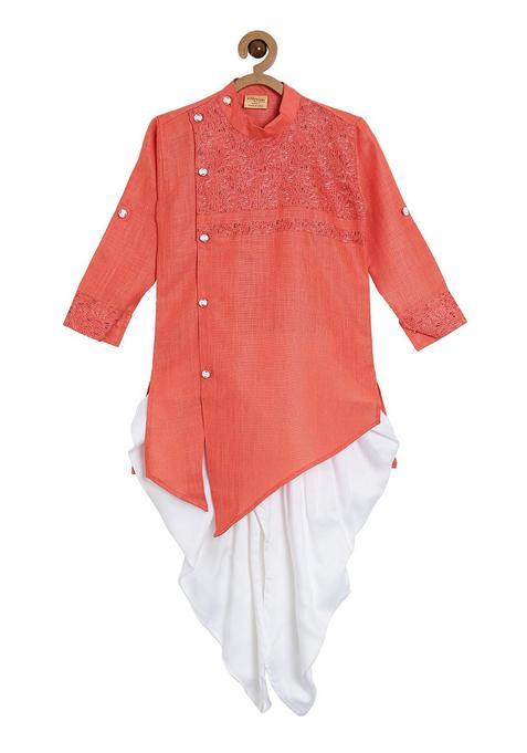 Peach Self Design Cotton Kurta Set For Boys — view on Indya