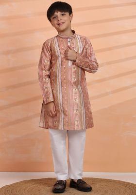 Peach Embroidered Cotton Kurta Set For Boys