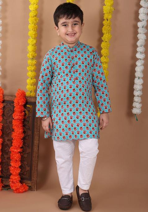 Green Printed Cotton Kurta Set For Boys — view on Indya