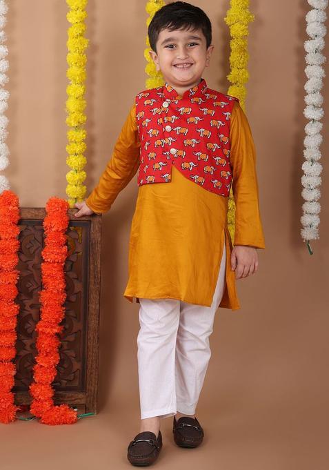Yellow Printed Cotton Kurta Set For Boys — view on Indya