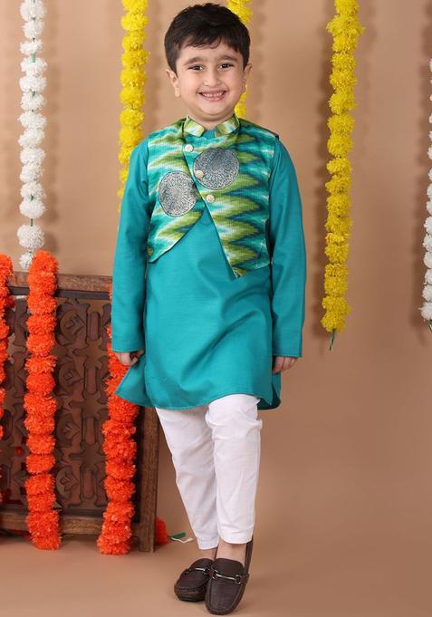 Green Printed Cotton Kurta Set For Boys — view on Indya