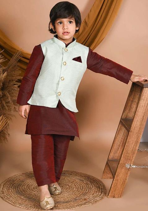 Maroon Solid Silk Kurta Set For Boys — view on Indya