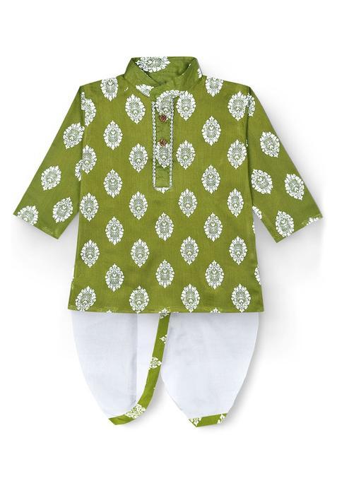 Green Printed Viscose Kurta Set For Boys — view on Indya