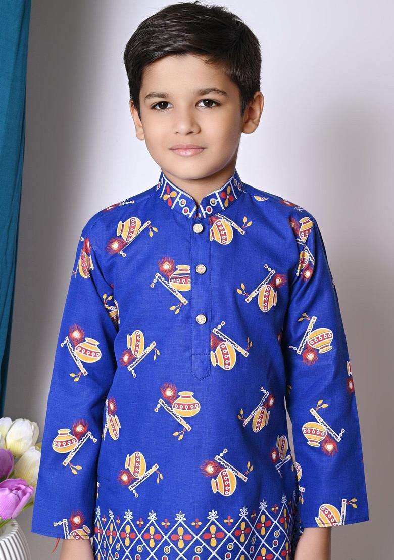 Blue Printed Cotton Kurta Set For Boys - Indya