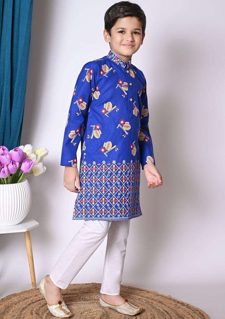 Blue Printed Cotton Kurta Set For Boys - Indya