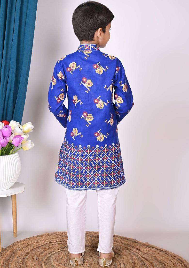 Blue Printed Cotton Kurta Set For Boys - Indya