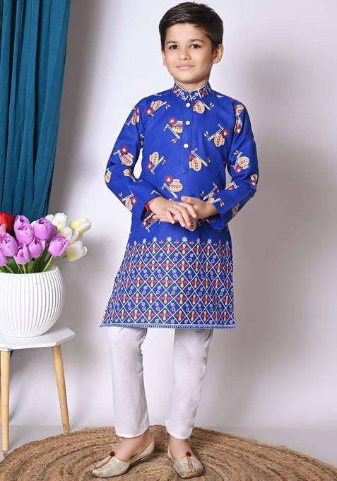 Blue Printed Cotton Kurta Set For Boys