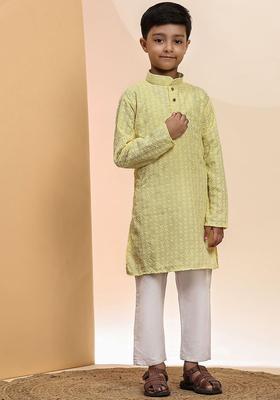 Lime Green Woven Design Cotton Kurta Set For Boys