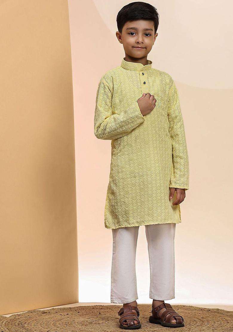 Lime Green Woven Design Cotton Kurta Set For Boys - Indya