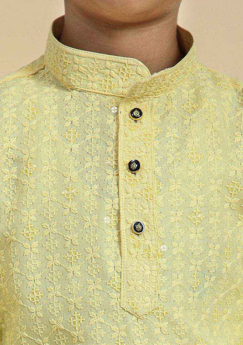 Lime Green Woven Design Cotton Kurta Set For Boys - Indya