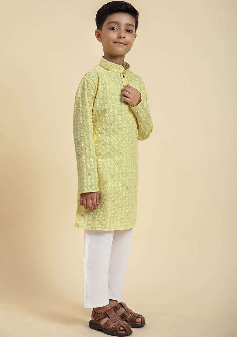 Lime Green Woven Design Cotton Kurta Set For Boys - Indya