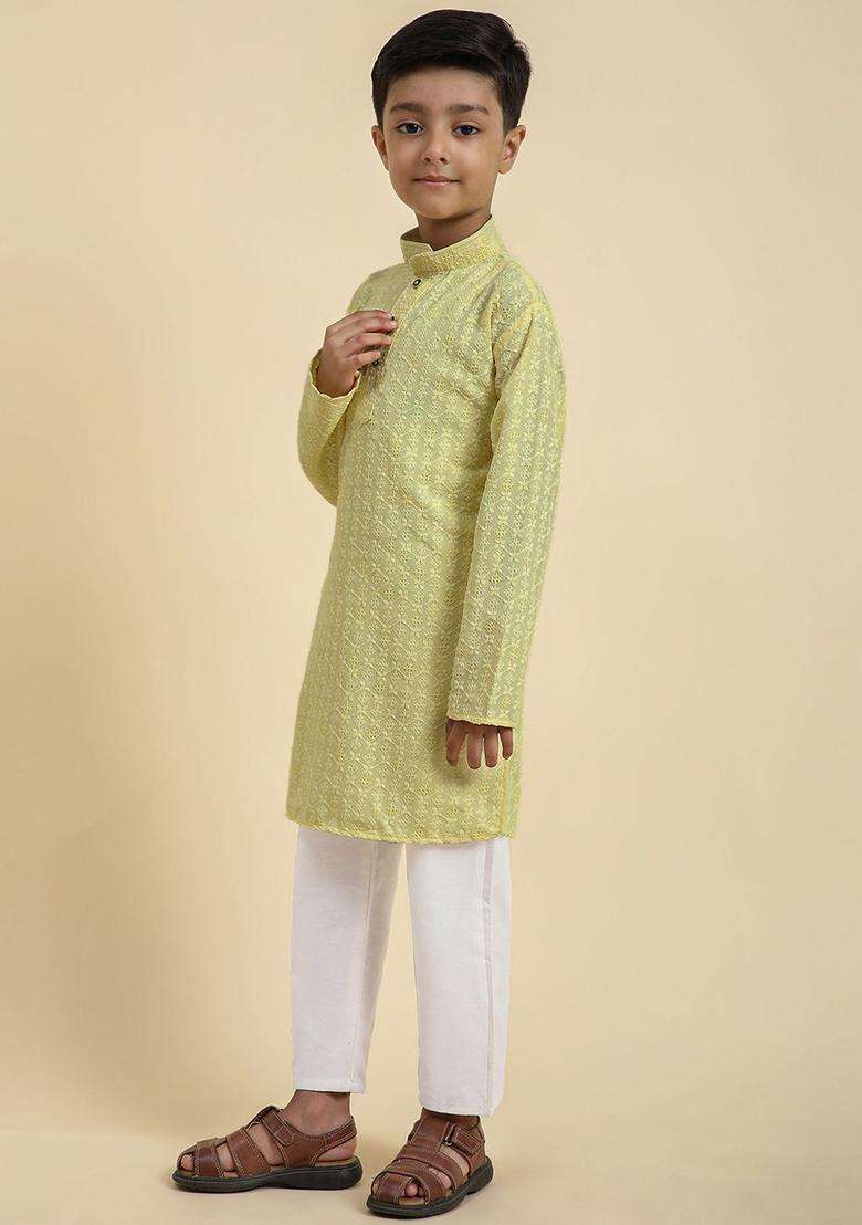 Lime Green Woven Design Cotton Kurta Set For Boys - Indya