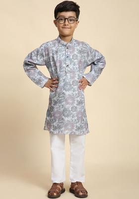 Grey Printed Cotton Kurta Set For Boys