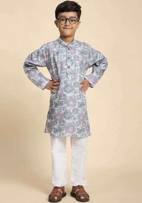 Grey Printed Cotton Kurta Set For Boys