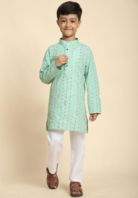 Green Printed Cotton Kurta Set For Boys — view on Indya