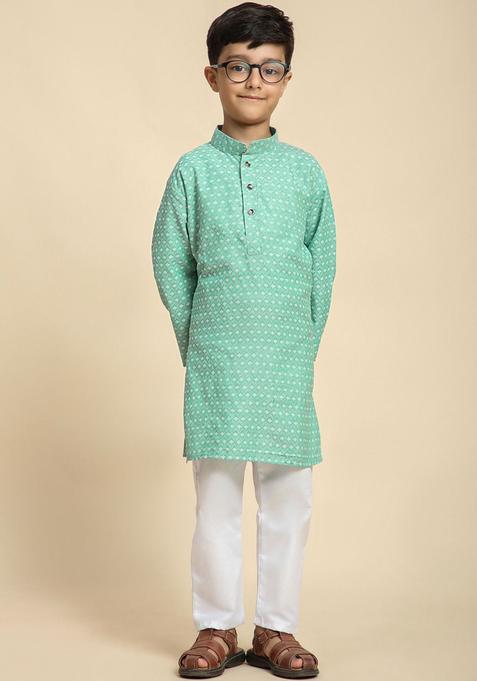 Green Printed Cotton Kurta Set For Boys — view on Indya