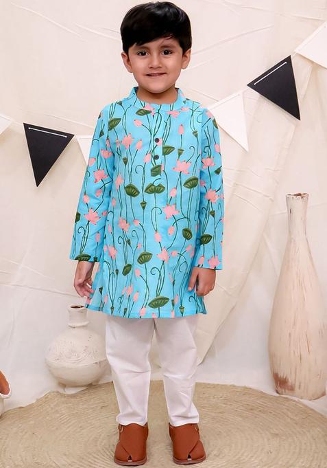 Blue Printed Cotton Kurta Set For Boys — view on Indya