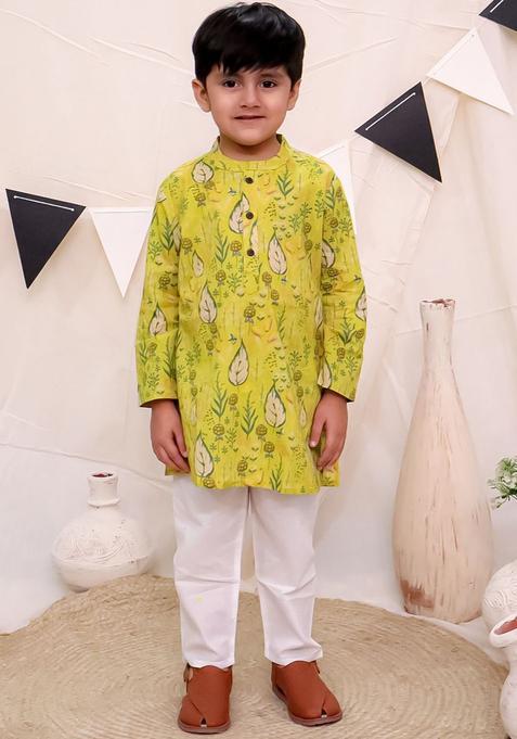 Green Printed Cotton Kurta Set For Boys — view on Indya