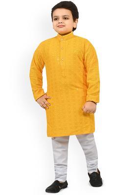 Yellow Embroidered Viscose Kurta Set For Boys