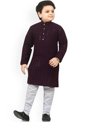 Purple Embroidered Viscose Kurta Set For Boys
