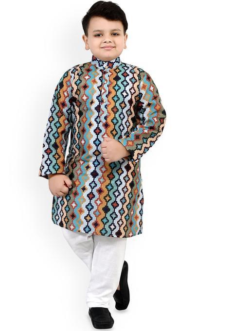 Blue Printed Cotton Kurta Set For Boys — view on Indya