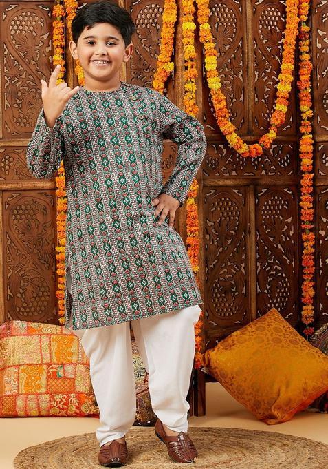 Green Printed Cotton Kurta Set For Boys — view on Indya