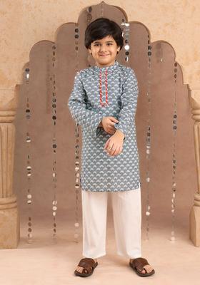 Grey Printed Cotton Kurta Set For Boys