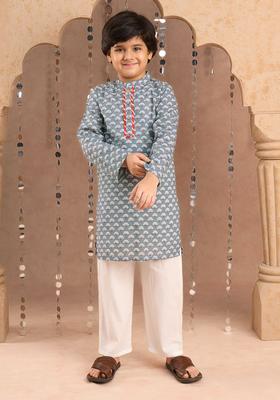 Grey Printed Cotton Kurta Set For Boys