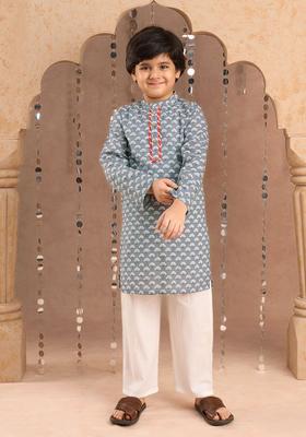Grey Printed Cotton Kurta Set For Boys