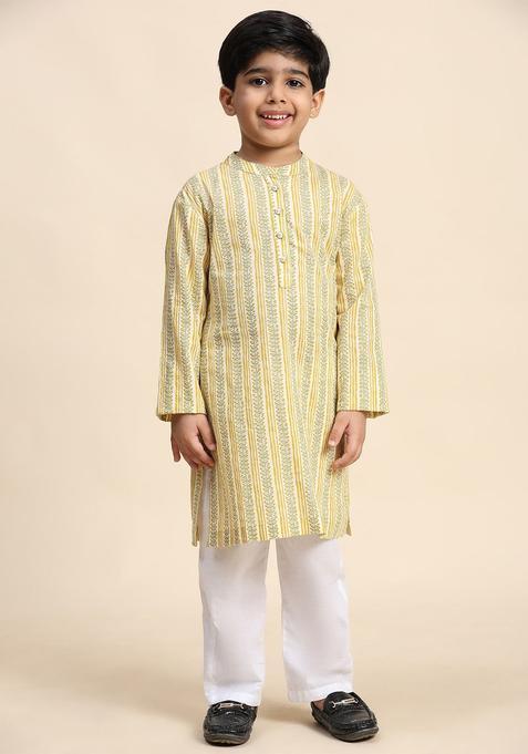 Yellow Printed Cotton Kurta Set For Boys — view on Indya