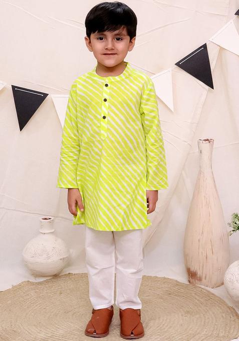 Green Striped Cotton Kurta Set For Boys — view on Indya